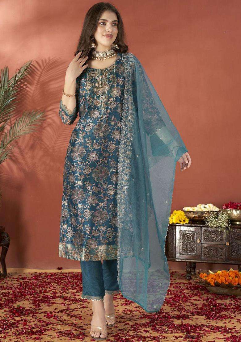 Teal Embroidered Organza Kurta Set - Indya