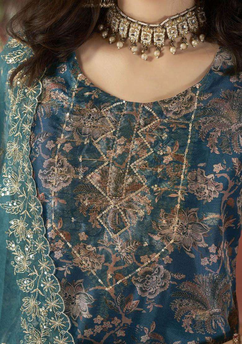 Teal Embroidered Organza Kurta Set - Indya