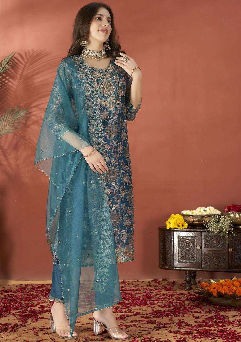 Teal Embroidered Organza Kurta Set - Indya