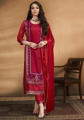 Maroon Printed Silk Blend Kurta Set