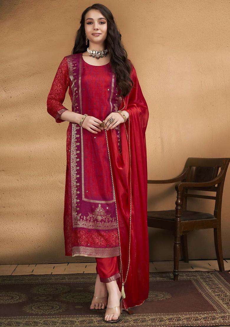 Maroon Printed Silk Blend Kurta Set - Indya