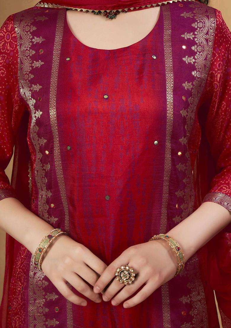 Maroon Printed Silk Blend Kurta Set - Indya