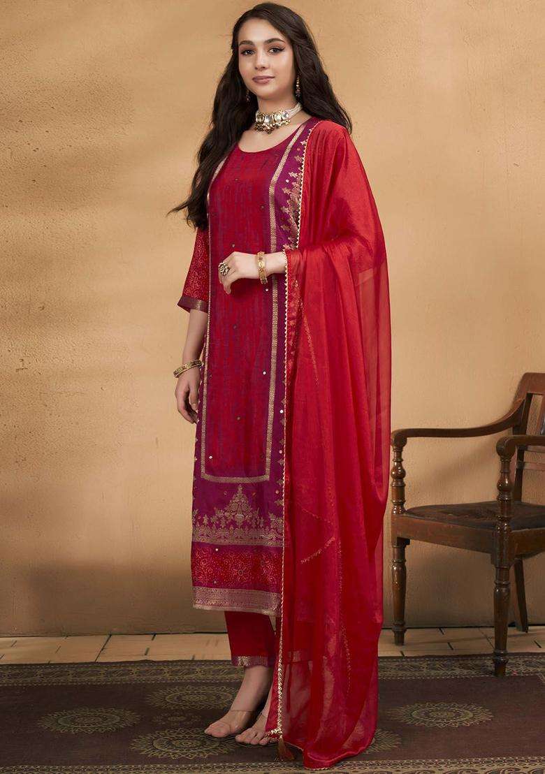 Maroon Printed Silk Blend Kurta Set - Indya