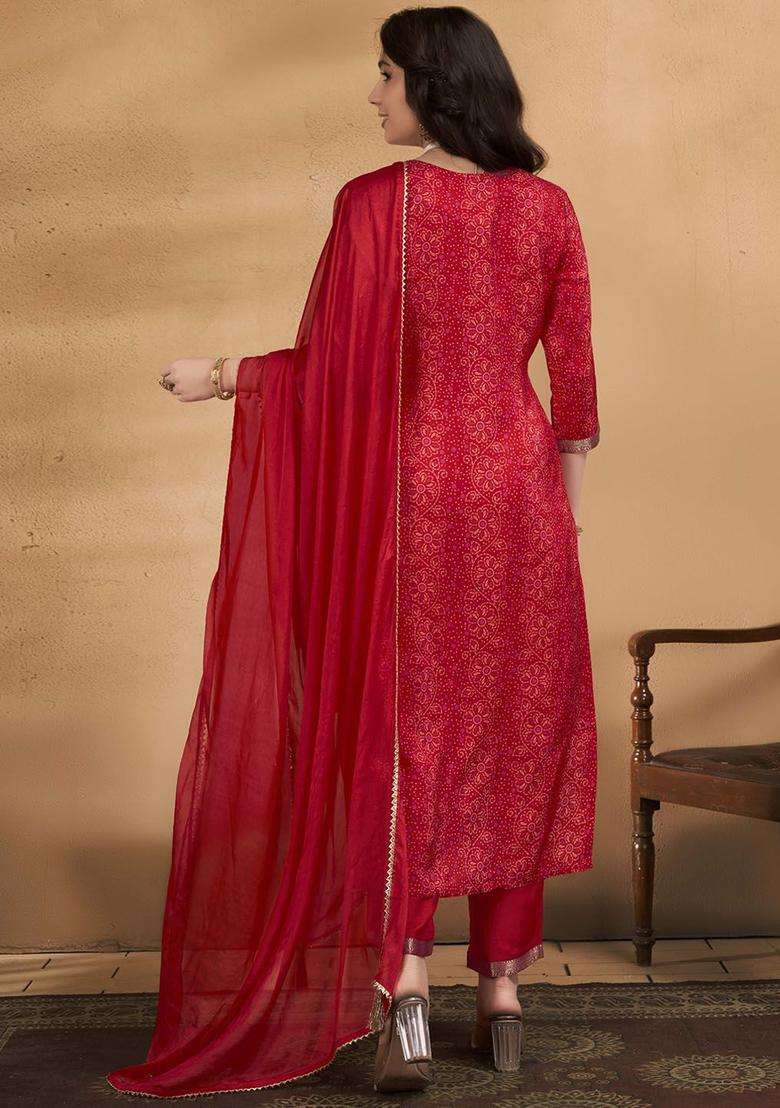 Maroon Printed Silk Blend Kurta Set - Indya