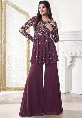 Mauve Embroidered Georgette Sharara Set