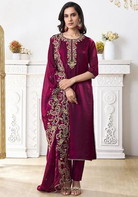 Maroon Yoke Design Organza Kurta Set