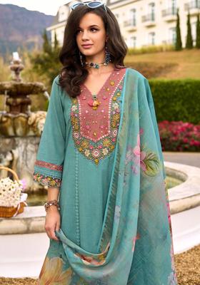 Sea Green Embroidered Cotton Kurta Set