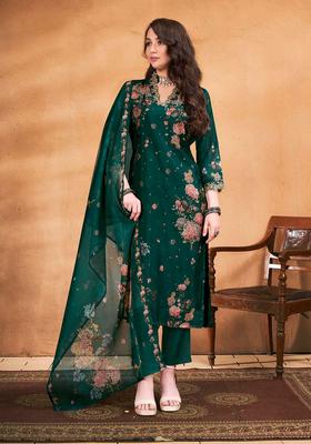Green Printed Organza Kurta Set