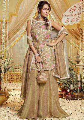 Golden Embroidered Silk Blend Kurta Set