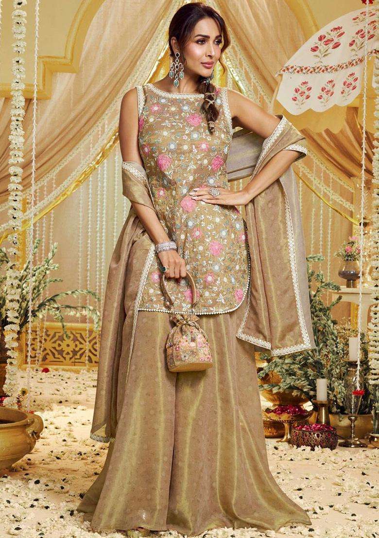 Golden Embroidered Silk Blend Kurta Set - Indya