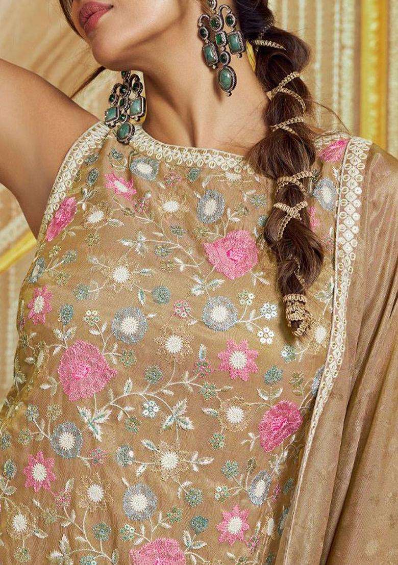 Golden Embroidered Silk Blend Kurta Set - Indya