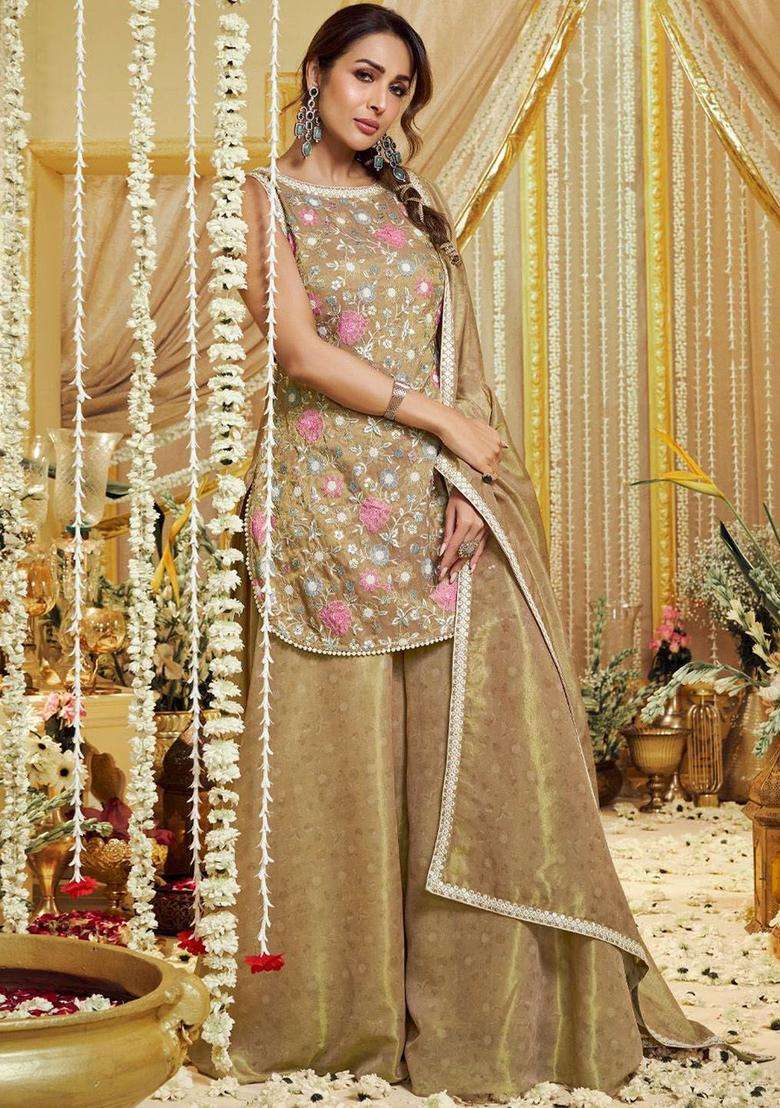 Golden Embroidered Silk Blend Kurta Set - Indya