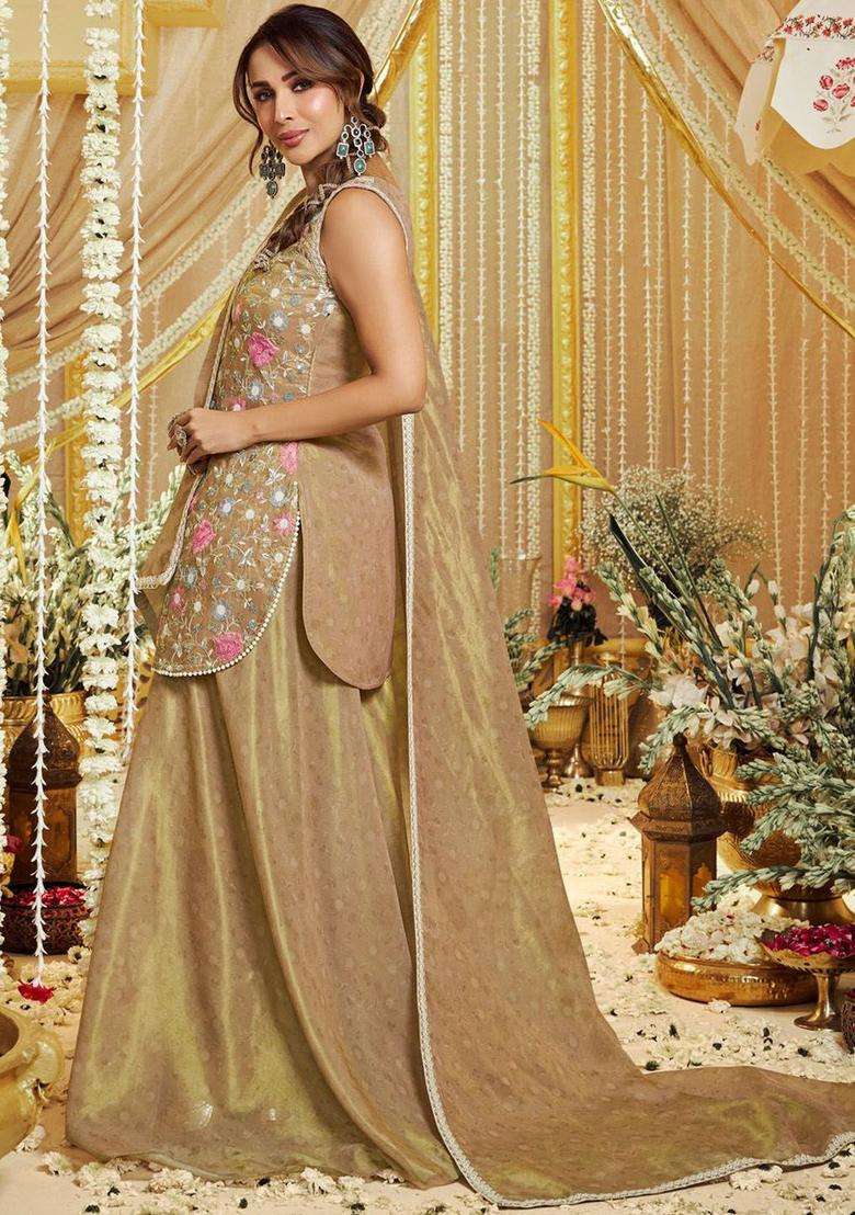 Golden Embroidered Silk Blend Kurta Set - Indya