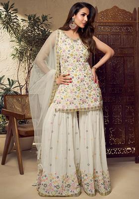 Off White Embroidered Georgette Kurta Set