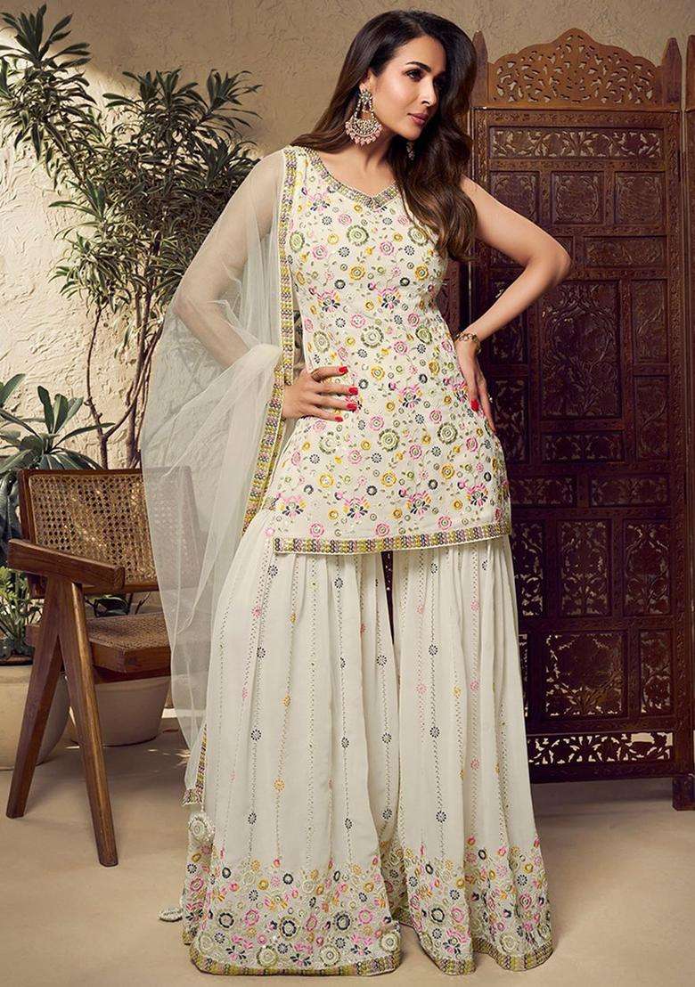 Off White Embroidered Georgette Kurta Set - Indya