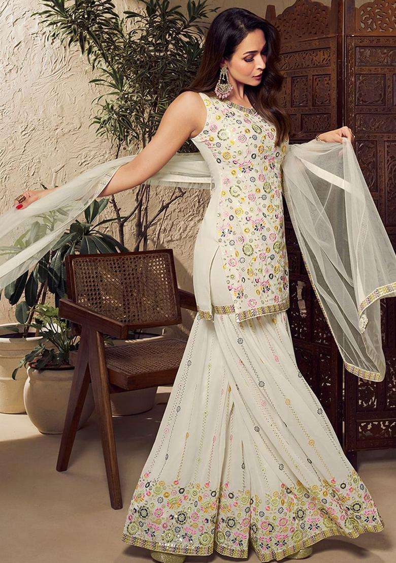 Off White Embroidered Georgette Kurta Set - Indya