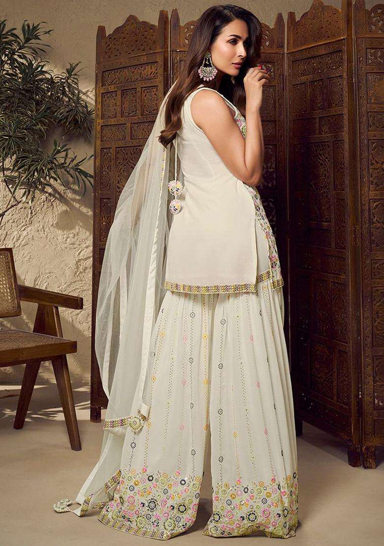 Off White Embroidered Georgette Kurta Set - Indya