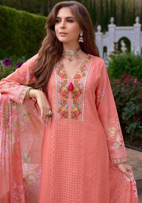 Orange Embroidered Cotton Kurta Set