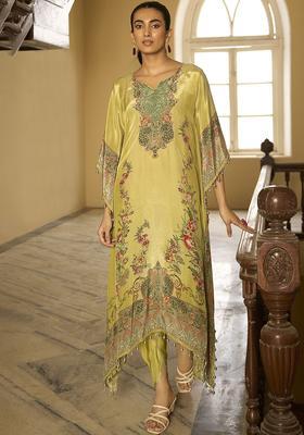 Olive Printed Silk Blend Kurta Set