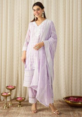 Lavender Embroidered Cotton Kurta Set