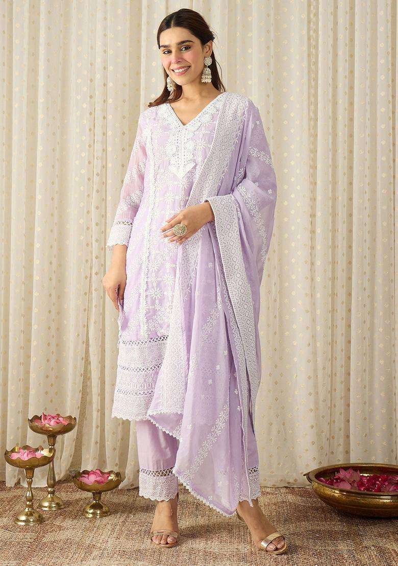 Lavender Embroidered Cotton Kurta Set - Indya