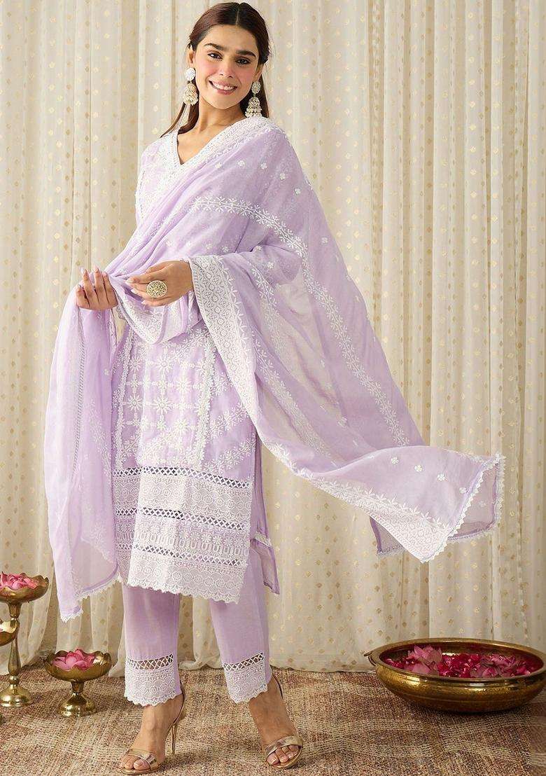 Lavender Embroidered Cotton Kurta Set - Indya