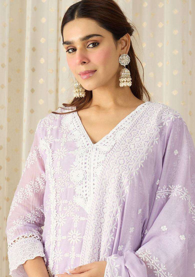 Lavender Embroidered Cotton Kurta Set - Indya