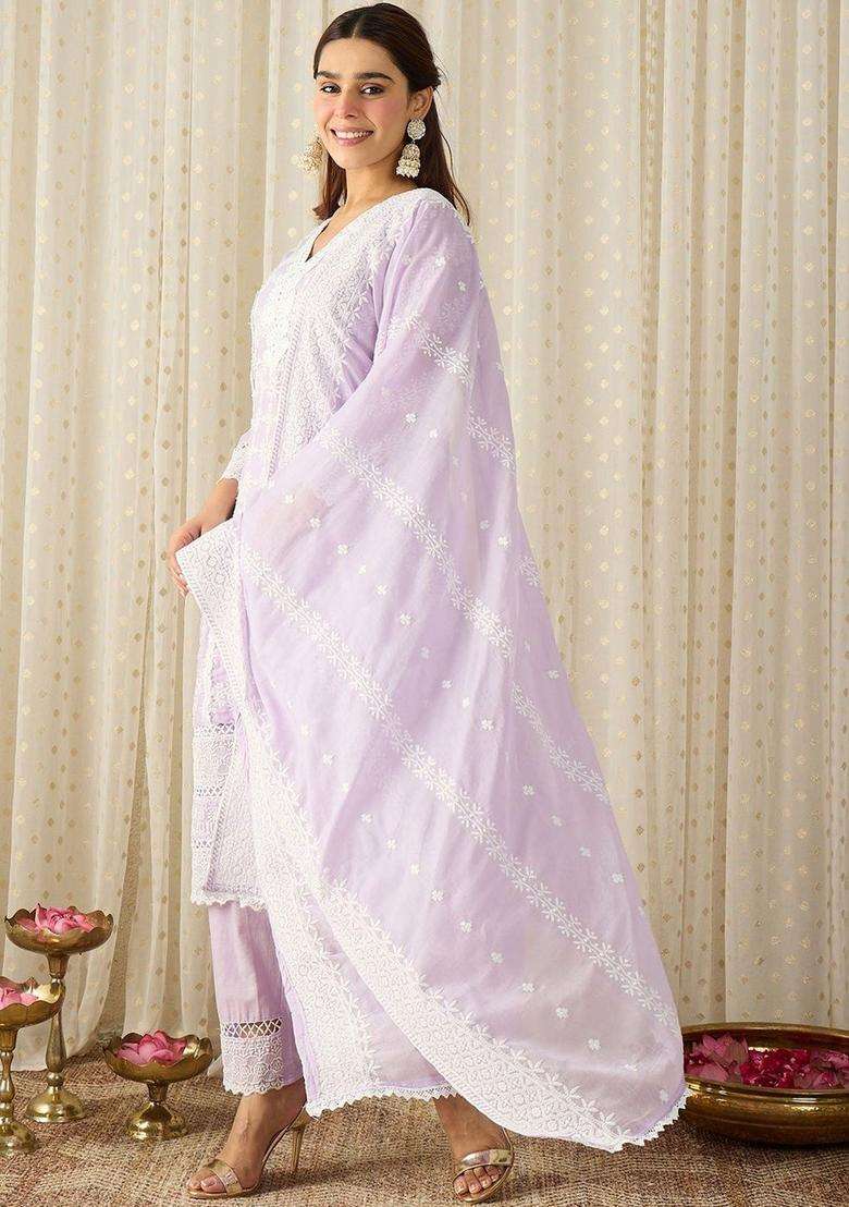 Lavender Embroidered Cotton Kurta Set - Indya