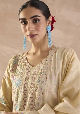 Beige Embroidered Cotton Kurta Set