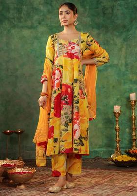 Yellow Printed Cotton Kurta Set