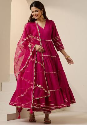 Pink Solid Cotton Anarkali Set