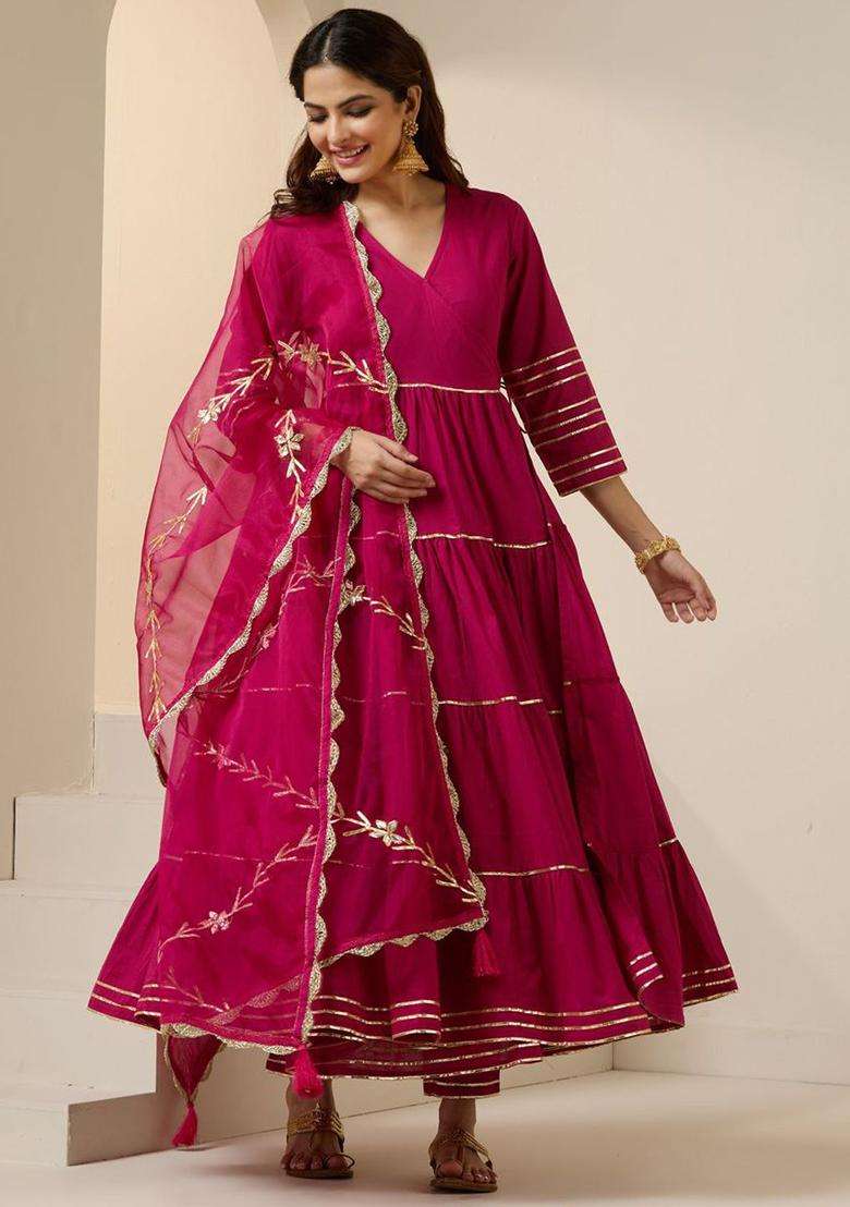 Pink Solid Cotton Anarkali Set - Indya