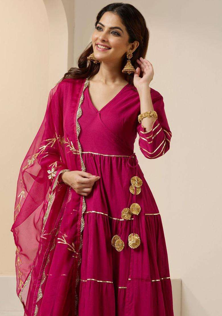 Pink Solid Cotton Anarkali Set - Indya