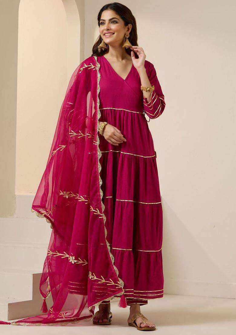 Pink Solid Cotton Anarkali Set - Indya