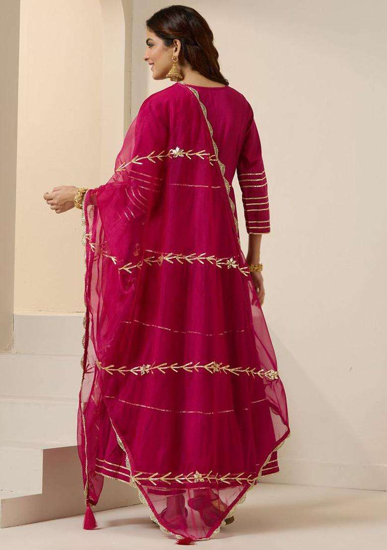 Pink Solid Cotton Anarkali Set - Indya