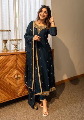 Teal Embroidered Silk Blend Anarkali Set