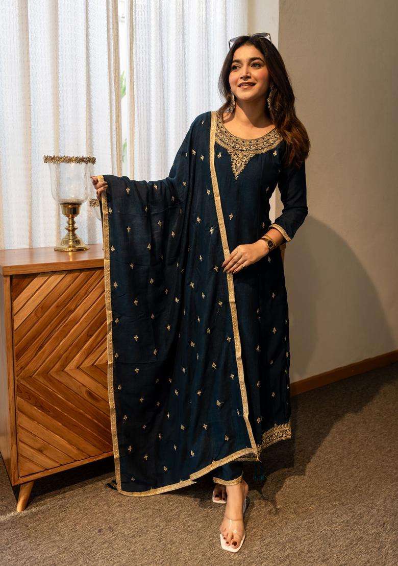 Teal Embroidered Silk Blend Anarkali Set - Indya