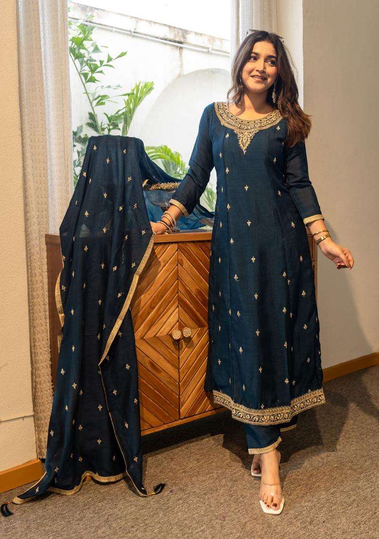 Teal Embroidered Silk Blend Anarkali Set - Indya