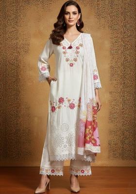 Off White Embroidered Cotton Kurta Set