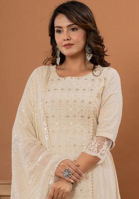 Off White Embroidered Cotton Anarkali Set