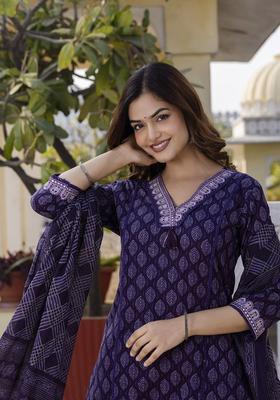 Purple Printed Cotton Kurta Set