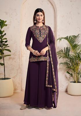 Purple Yoke Design Georgette Sharara Set