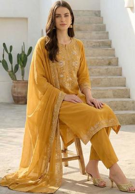 Mustard Embroidered Cotton Kurta Set