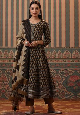 Mustard Printed Cotton Kurta Set