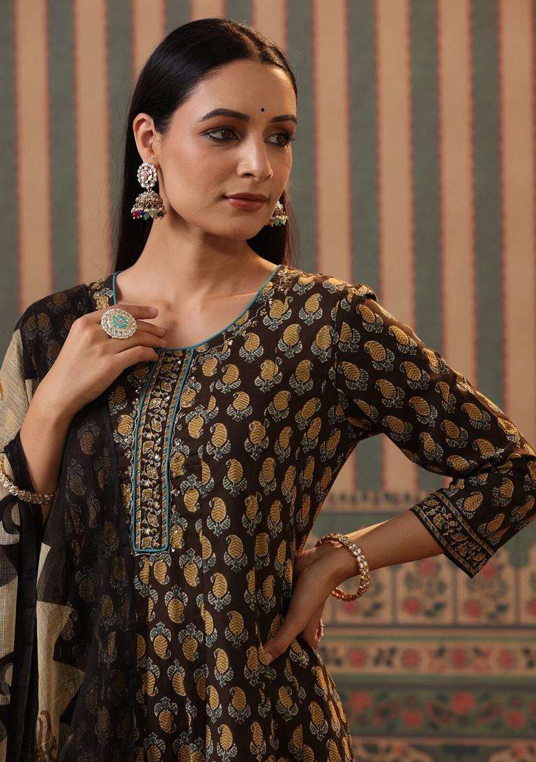Mustard Printed Cotton Kurta Set - Indya