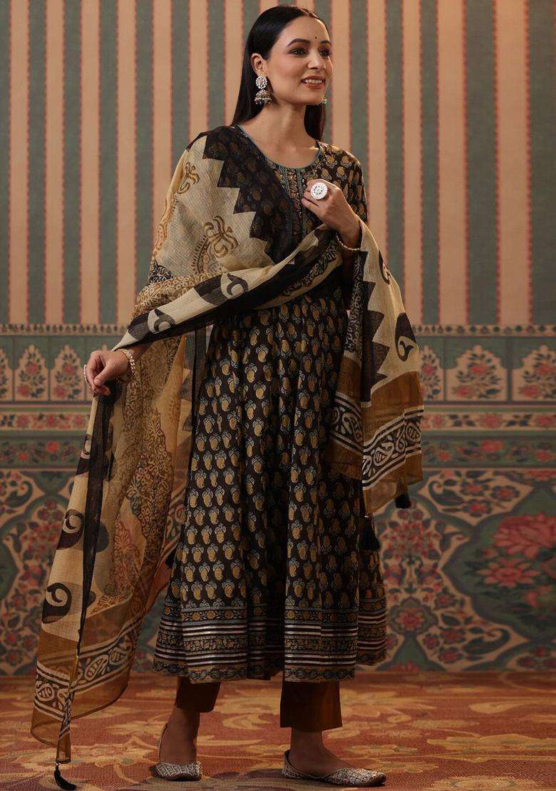 Mustard Printed Cotton Kurta Set - Indya