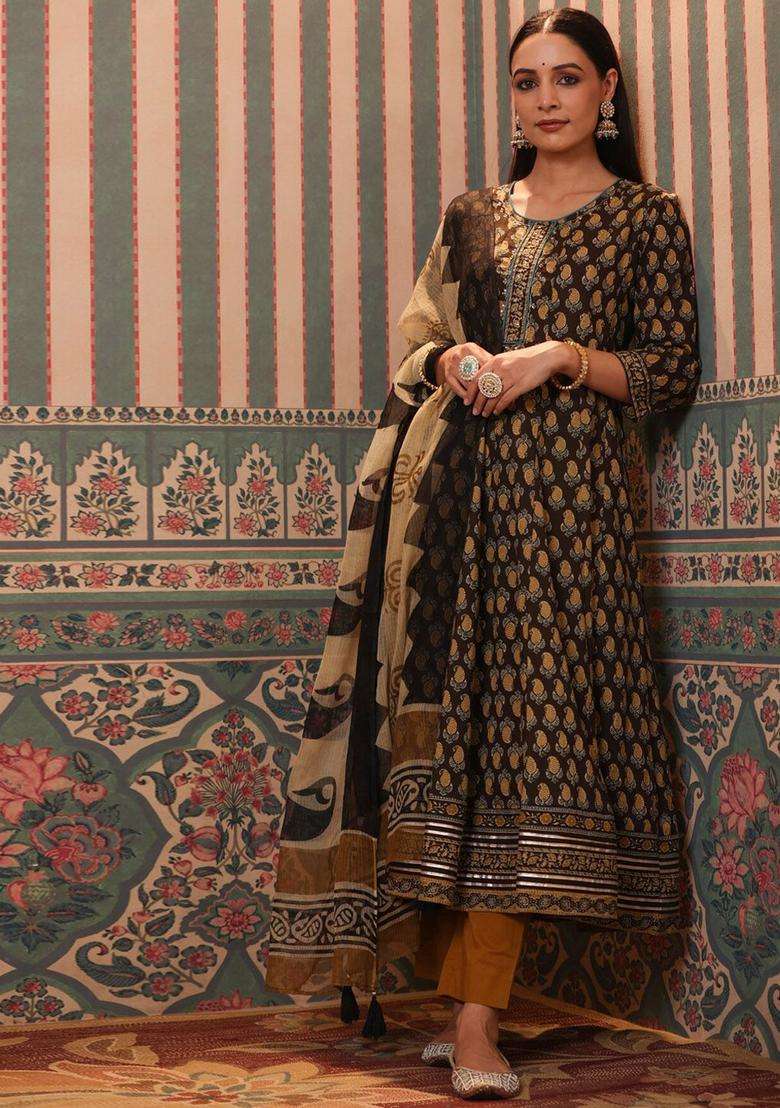Mustard Printed Cotton Kurta Set - Indya