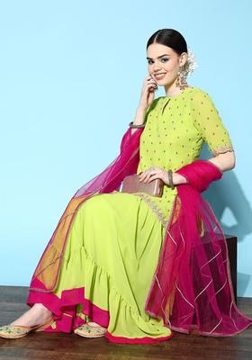 Green Embroidered Georgette Sharara Set
