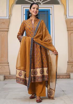 Mustard Printed Cotton Anarkali Set
