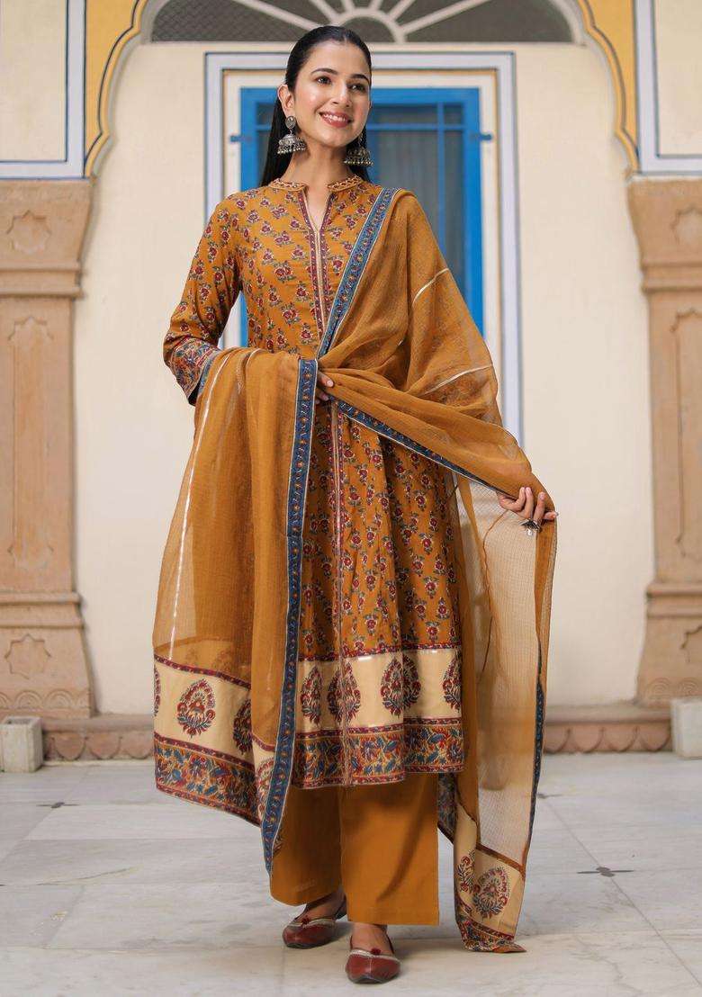 Mustard Printed Cotton Anarkali Set - Indya